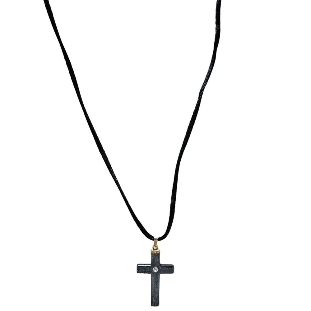 Black Cross Pendant Cord Necklace Rhinestone Accent Religious Spiritual Jewelry